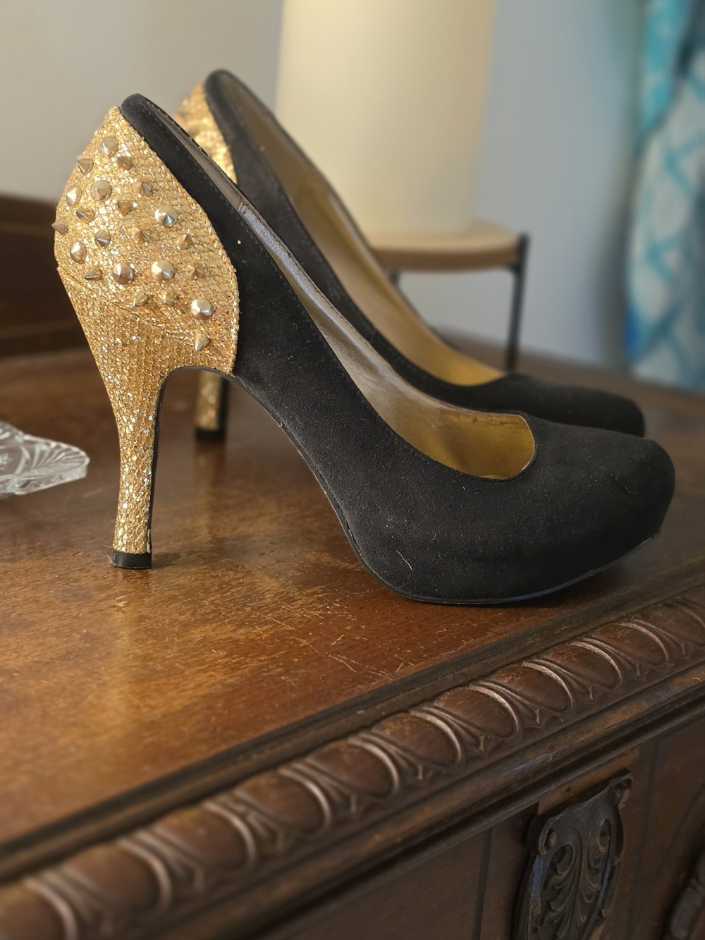 Ashley Stewart Black Suede Pumps with Gold Studded Heels